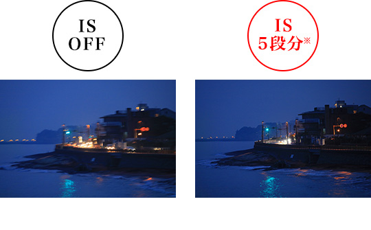 IS OFF/IS 5段分※ 進化した光学IS + デュアルセンシングIS
