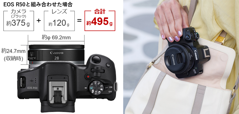 EOS R50と組み合せた場合 カメラ約375g(グラム)+レンズ約120g(グラム)=合計約495g(グラム)